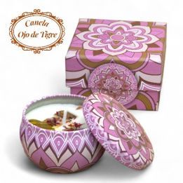 Vela lata con mineral Ojo Tigre y Canela